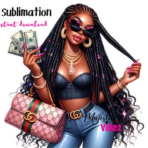 Hermosa chica negra PNG Cabello trenzado Gafas de sol rosas Dinero Jefe Clip art Chica de moda Melanina Magia Afroamericana Hustler Girl Boss