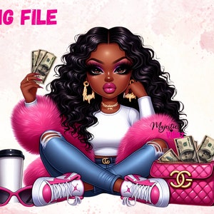 Ragazza nera con soldi PNG Afro Queen Capelli naturali ricci Rosa visone Clip art Moda ragazza Melanina Magia afroamericana Hustler Girl Boss