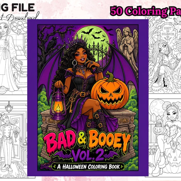 Black Girl Halloween Coloring Book Bad and Booey 2 Adult Gothic Coloring Spooky Witch Coloring Pages Printable Digital Download 50 PNG Pages