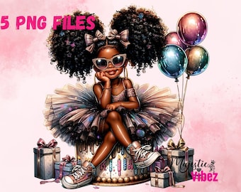 May include: A young girl with curly black hair wears a sparkly tulle dress and sits on a birthday cake. She has on sunglasses and is holding her chin. There are three balloons behind her in pink, purple, and blue. The cake has pink and blue candles. The text "Majestic Vibez" is in the lower right corner.