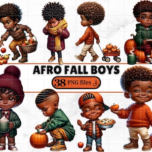 May include: Digital illustration of eight cartoon boys with afro hairstyles, dressed in fall attire. The image includes pumpkins, apples, and the text "AFRO FALL BOYS" with "38 PNG files".