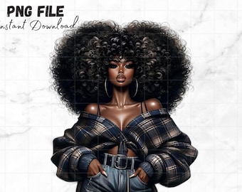 Può includere: Stampa d'arte digitale di una donna con la pelle scura e voluminosi capelli neri ricci. Indossa una camicia a quadri blu e nera annodata in vita, un top nero e jeans blu. L'immagine include il testo "PNG FILE Instant Download".