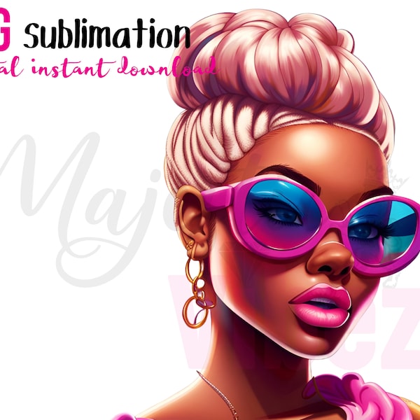 Black girl Sunglasses Clipart Melanin Magic Afro queen High Bun Pink Glasses African american Instant download Women Stickers