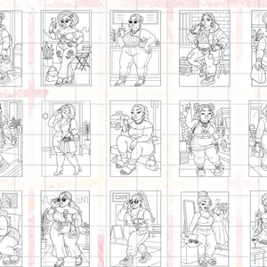 Puede incluir: Una colecci&oacute;n de ilustraciones en blanco y negro de mujeres de talla grande en varios entornos. Cada ilustraci&oacute;n representa a una mujer con diferentes atuendos y poses, como sosteniendo un tel&eacute;fono, bebiendo una bebida o comprando. Los dibujos son detallados y estilizados.