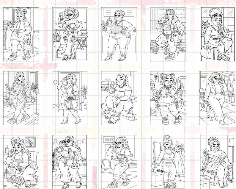 Puede incluir: Una colecci&oacute;n de ilustraciones en blanco y negro de mujeres de talla grande en varios entornos. Cada ilustraci&oacute;n representa a una mujer con diferentes atuendos y poses, como sosteniendo un tel&eacute;fono, bebiendo una bebida o comprando. Los dibujos son detallados y estilizados.