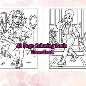 K&ouml;nnte beinhalten: Schwarz-Wei&szlig;-Malbuchseiten mit zwei stilvollen Frauen. Eine ist an einem Schminktisch mit Make-up, die andere geht nach drau&szlig;en. Der Text "43 Page Coloring Book Download" ist sichtbar.