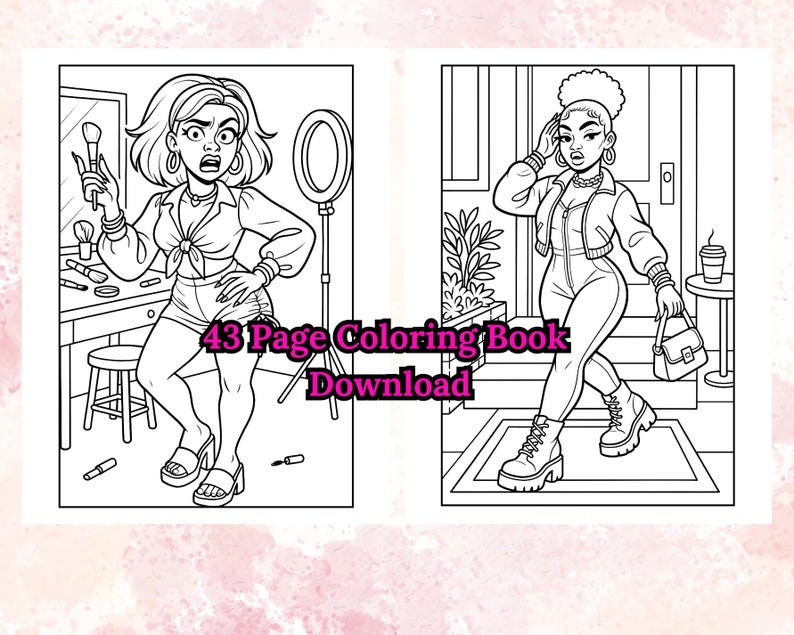 K&ouml;nnte beinhalten: Schwarz-Wei&szlig;-Malbuchseiten mit zwei stilvollen Frauen. Eine ist an einem Schminktisch mit Make-up, die andere geht nach drau&szlig;en. Der Text "43 Page Coloring Book Download" ist sichtbar.