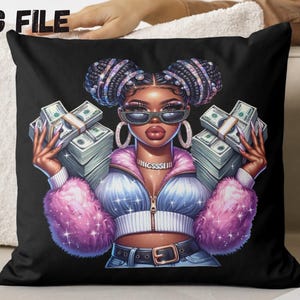 May include: A black throw pillow with a colorful illustration of a woman with pink hair and a sparkly jacket holding stacks of money. The woman is wearing sunglasses and a silver necklace. The background is black.