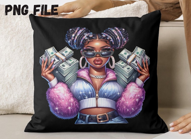 May include: A black throw pillow with a colorful illustration of a woman with pink hair and a sparkly jacket holding stacks of money. The woman is wearing sunglasses and a silver necklace. The background is black.