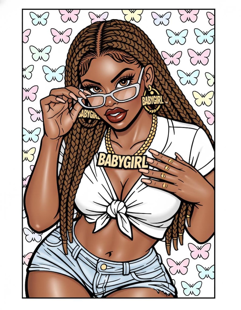 Peut inclure: Illustration d'une femme aux tresses brunes, portant des lunettes, des bijoux en or avec le texte "BABYGIRL" et un haut blanc nou&eacute;. Elle porte &eacute;galement un short en jean. Le fond pr&eacute;sente un motif de papillons pastel.