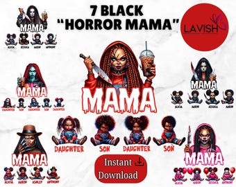 Horror Mama PNG Aggiungi il nome del tuo bambino Carattere incluso Personaggio del film spaventoso Halloween Stagione autunnale Ragazza nera Maglietta di Halloween Maglietta assassina Tumbler
