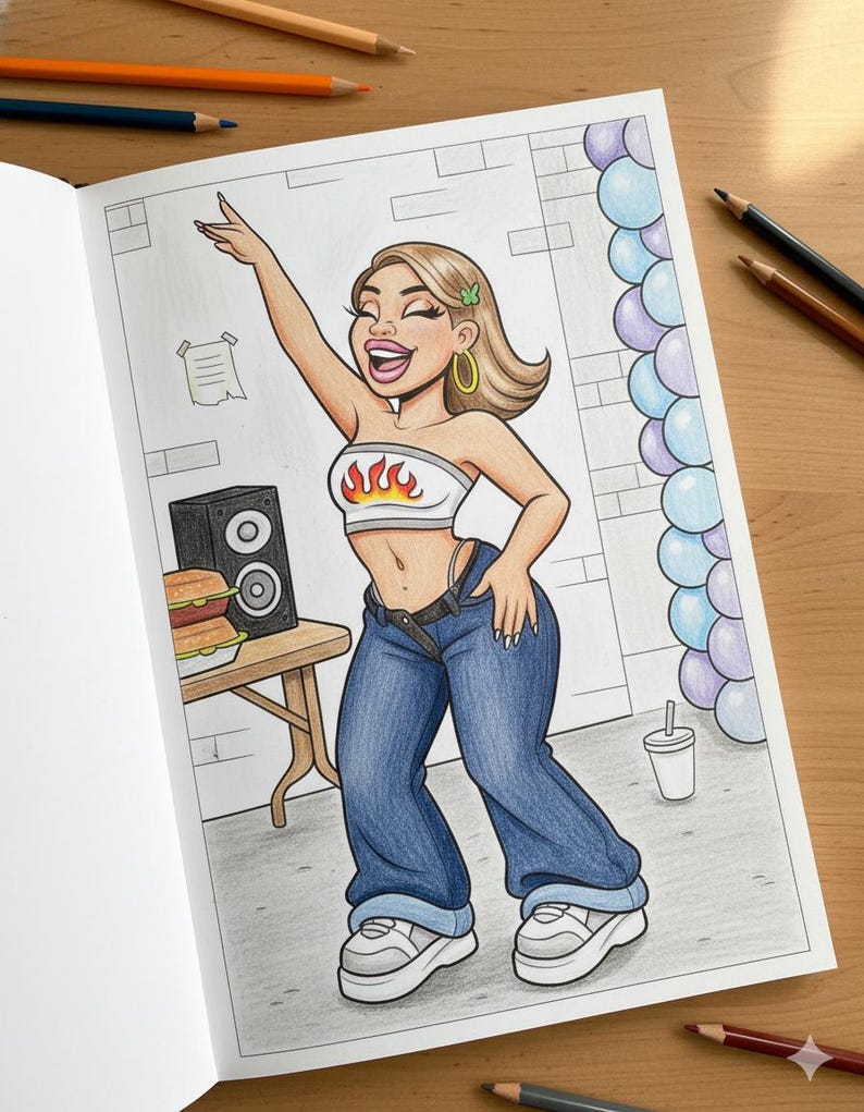 40 Y2K Coloring Pages PNG Bundle Black Girl 2000s Fashion Line Art Digital Download for Teens and Adults Aesthetic Nostalgia Book 90's Baby image 2