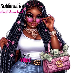 Ragazza afro nera con soldi PNG clipart spaccone Occhiali da sole rosa Clipart soldi Donne afroamericane Ragazza nera Magic Melanin Ragazza urbana PNG