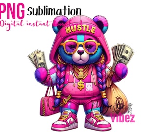 Hustle bear Clipart Patchwork Bear PNG Bear with money Urban Hip hop Bear Gangsta Teddy Female Bear Pink girl Bear Instant download