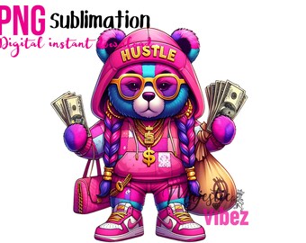 Hustle bear Clipart Patchwork Bear PNG Bear with money Urban Hip hop Bear Gangsta Teddy Female Bear Pink girl Bear Instant download