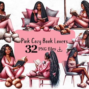 May include: Digital art featuring six illustrations of women in pink pajamas reading books. The text "Pink Cozy Book Lovers" and "32 PNG files" are displayed on a pink background. Each woman is depicted in a cozy setting.