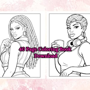 Peut inclure: Dessin au trait en noir et blanc de deux femmes. L'une a de longues tresses, l'autre a les cheveux courts et un casque. Le texte "40 Page Coloring Book Download" est inclus.