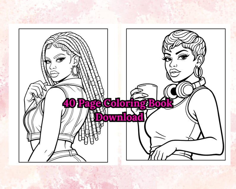 Peut inclure: Dessin au trait en noir et blanc de deux femmes. L'une a de longues tresses, l'autre a les cheveux courts et un casque. Le texte "40 Page Coloring Book Download" est inclus.