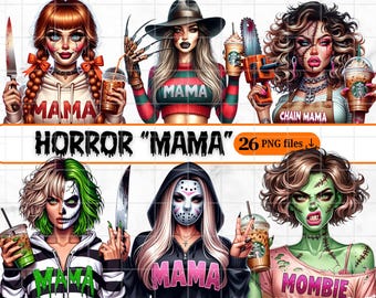 26 Halloween Mama Clipart Bundle Spooky Horror Halloween Woman PNG per ragazze autunnali Halloween Sublimation Shirts Tumbler e Digitale Spaventoso