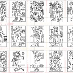 Puede incluir: Una colecci&oacute;n de ilustraciones en blanco y negro de mujeres en varias poses y entornos. Cada imagen presenta a una mujer diferente, con detalles como ropa, accesorios y elementos de fondo. Las ilustraciones tienen una est&eacute;tica retro o vintage.