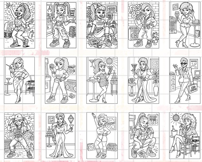 Puede incluir: Una colecci&oacute;n de ilustraciones en blanco y negro de mujeres en varias poses y entornos. Cada imagen presenta a una mujer diferente, con detalles como ropa, accesorios y elementos de fondo. Las ilustraciones tienen una est&eacute;tica retro o vintage.