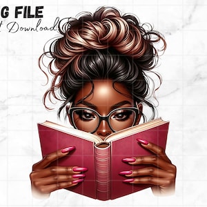 Könnte beinhalten: Digitale Illustration einer schwarzen Frau mit Brille, die ein weinrotes Buch liest. Ihr Haar ist zu einem Dutt mit braunen Highlights hochgesteckt. Das Bild enthält den Text "PNG FILE Instant Download".