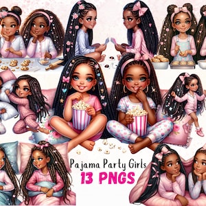 Ensemble de cliparts pyjama pour la soirée pyjama, petite fille noire Clipart pyjama pyjama, jeune fille noire png pour sublimation d'invitations