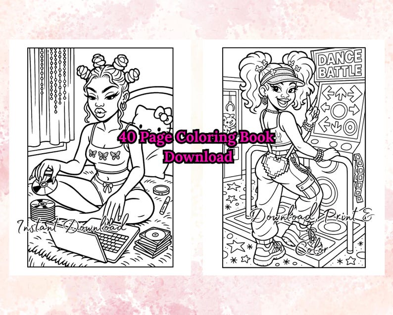 May include: Black and white line art coloring book pages. One page shows a woman with a laptop and CDs, the other shows a woman playing a dance game. Text includes "40 Page Coloring Book Download" and "Instant Download".
