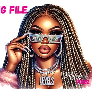 Livelli PNG di bella ragazza soldi neri Ragazza afro con trecce ClipArt Ragazza nera afro PNG Regina afro Ragazza alla moda Melanina Sublimazione magica