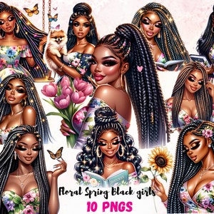 Clipart de mulheres negras pacote primavera floral planejador menina clip art preto senhora chefe PNG moda senhora clipart menina com flores sublimação