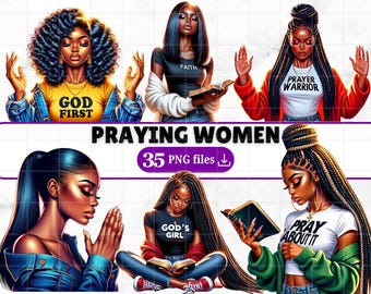 35 Praying Black Women Clipart Bundle Planner Girls With Faith Png Blessed Girl Christian Clip Art Black Faith Girls God Love Sublimation