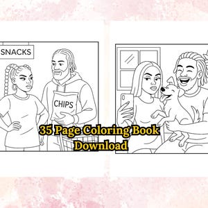 Puede incluir: Dibujo lineal en blanco y negro de una extensi&oacute;n de libro para colorear. Un panel muestra una pareja con una bolsa de patatas fritas, el otro una pareja con un perro. El texto dice "35 Page Coloring Book Download."