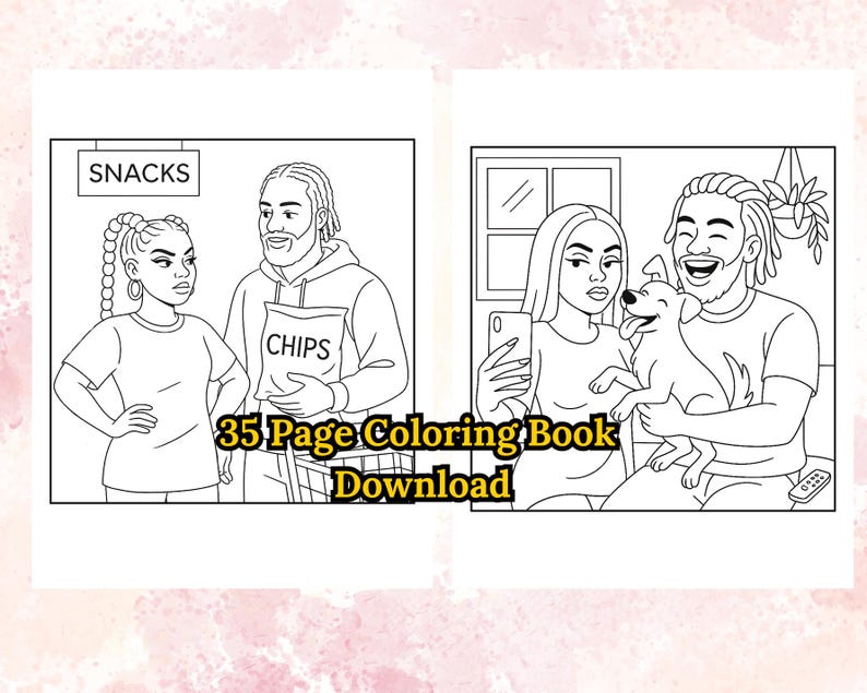 Puede incluir: Dibujo lineal en blanco y negro de una extensi&oacute;n de libro para colorear. Un panel muestra una pareja con una bolsa de patatas fritas, el otro una pareja con un perro. El texto dice "35 Page Coloring Book Download."