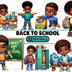 May include: A digital illustration featuring several cartoon children with school supplies. The phrase "Back to School" is displayed prominently. The image includes a chalkboard with "First Day of School" and a sign that says "Going to School".