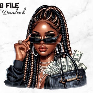 Black girl with money PNG Hustle hard clipart Hustler Girl bag of Cash Afro Queen Melanin Magic African american Black girl Clipart Braids