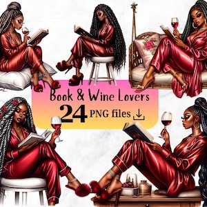 Può includere: Illustrazione digitale con donne in pigiama rosso, che leggono libri e bevono vino. L'immagine include il testo "Book & Wine Lovers" e "24 PNG files".