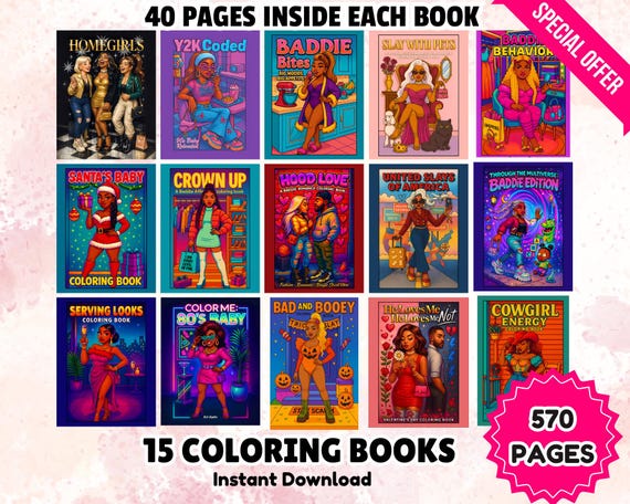 570 Black Girl Coloring Book Pages Bundle 15 Baddie Coloring Books for Women Bougie Self Care African American Adults Teen Digital Download