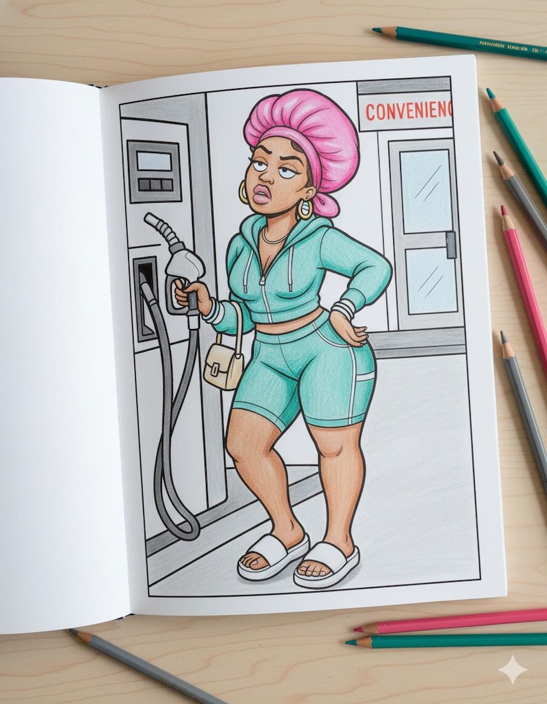 K&ouml;nnte beinhalten: Ausmalbuchseite mit einer Cartoon-Frau in einem t&uuml;rkisfarbenen Trainingsanzug und einer rosa Kopfbedeckung an einer Tankstelle. Das Wort "CONVENIENCE" ist &uuml;ber einer T&uuml;r zu sehen. Buntstifte liegen verstreut.