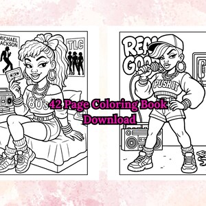 Puede incluir: Dibujo lineal en blanco y negro de una p&aacute;gina para colorear. Una p&aacute;gina presenta a una mujer sosteniendo una cinta de cassette, la otra a una mujer con un micr&oacute;fono. El texto incluye "80's 42 Page Coloring Book Download."