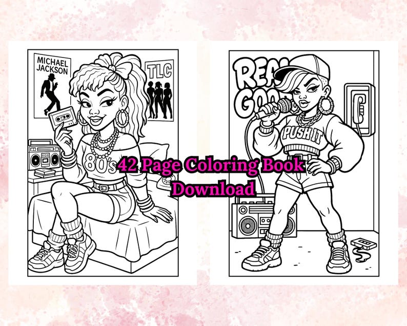 Puede incluir: Dibujo lineal en blanco y negro de una p&aacute;gina para colorear. Una p&aacute;gina presenta a una mujer sosteniendo una cinta de cassette, la otra a una mujer con un micr&oacute;fono. El texto incluye "80's 42 Page Coloring Book Download."