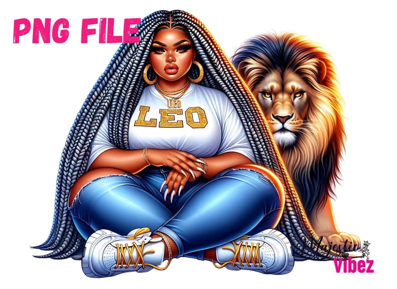 May include: Digital artwork featuring a woman with long, grey braids, wearing a white t-shirt with "Leo" in gold lettering, blue jeans, and white trainers. A lion is behind her. The image includes the text "PNG FILE" in pink.