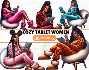 Peut inclure: Illustrations numériques de femmes en tenues confortables, chacune avec une tablette et un stylet. Les femmes sont représentées en survêtements et bottes de différentes couleurs, assises sur des fauteuils moelleux. Le texte "COZY TABLET WOMEN" et "36 PNG files" est également visible.