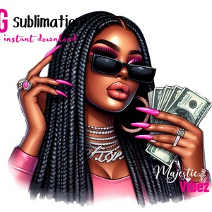 Ragazza nera con clip art soldi Ragazza con occhiali da sole PNG Abito rosa spaccone Donne afroamericane Ragazza nera Magica melanina Ragazza urbana PNG