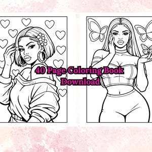 Peut inclure: Dessins au trait en noir et blanc de deux femmes. L'une porte un pull, l'autre un crop top. Des c&oelig;urs et des papillons sont en arri&egrave;re-plan. Le texte "40 Page Coloring Book Download" est au centre de l'image.