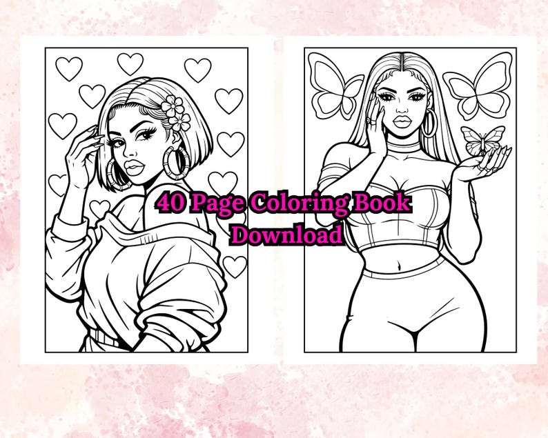 Peut inclure: Dessins au trait en noir et blanc de deux femmes. L'une porte un pull, l'autre un crop top. Des c&oelig;urs et des papillons sont en arri&egrave;re-plan. Le texte "40 Page Coloring Book Download" est au centre de l'image.