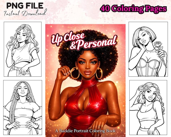 Baddie Portrait Coloring Book 40 Digital PNG Pages Black Girl Faces and Expressions Instant Download Adult and Teen Coloring Art