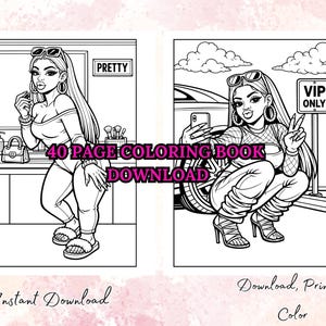 May include: A black and white coloring book with two illustrations of a woman. One illustration shows the woman in front of a mirror, and the other shows her taking a selfie. Text includes "40 PAGE COLORING BOOK DOWNLOAD", "Instant Download", and "Download, Print & Color."