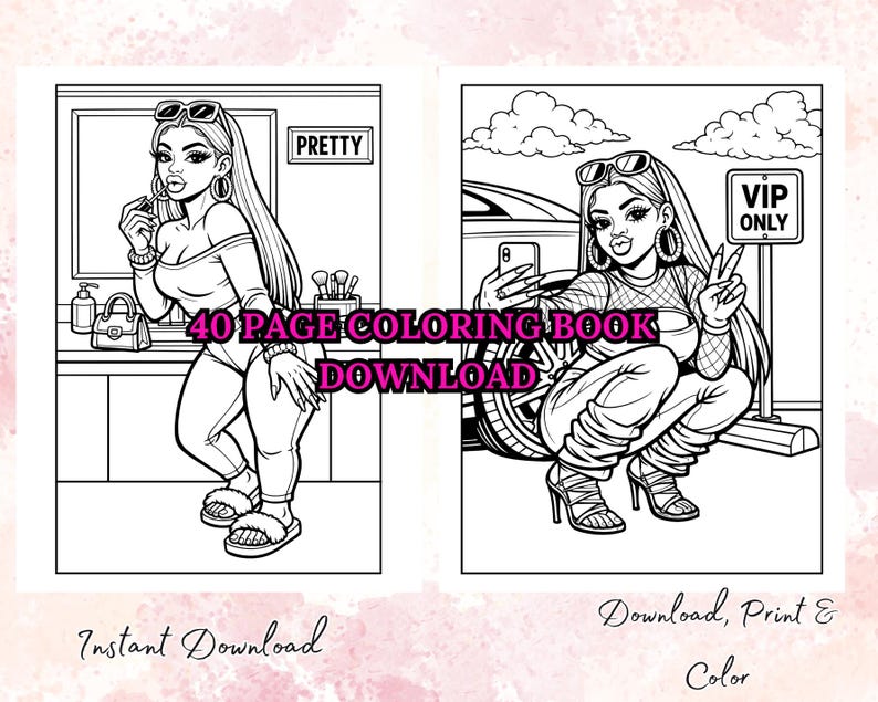 May include: A black and white coloring book with two illustrations of a woman. One illustration shows the woman in front of a mirror, and the other shows her taking a selfie. Text includes "40 PAGE COLORING BOOK DOWNLOAD", "Instant Download", and "Download, Print & Color."