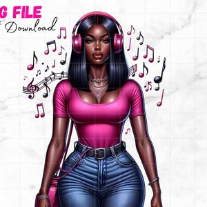 Menina Negra Com Fones De Ouvido Png Amante Da Música Clipart Menina Afro Rainha Da Melanina Notas Musicais Rosa Menina Negra Magia Sublimação Digital Download