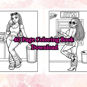 May include: Black and white line art of a woman in sunglasses, holding an ice cream cone and standing near a trash can. The text "40 Page Coloring Book Download" is overlaid on the image. The woman is also shown at an ATM.